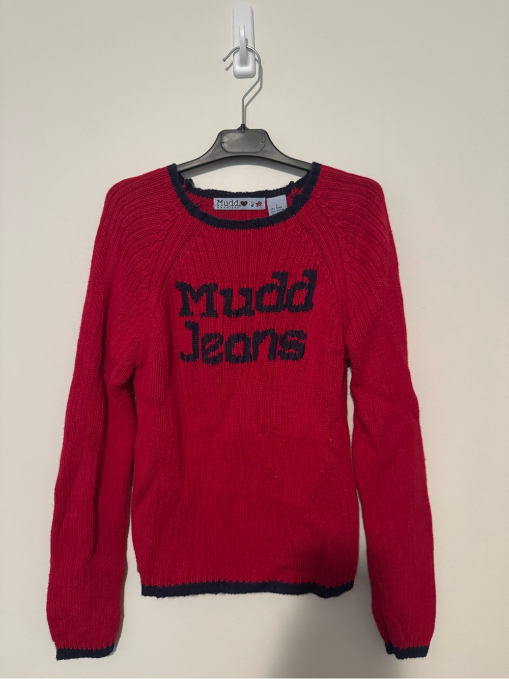 Y2K Mudd Jeans Girls Junior Red Knit Crewneck Long Sleeve Sweater with Navy Logo